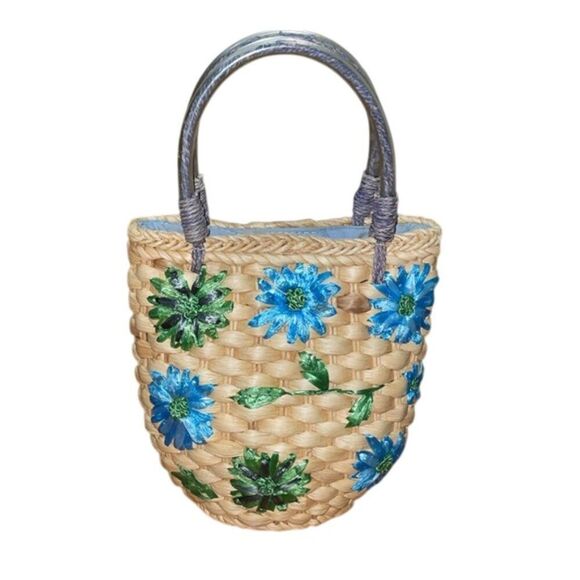 Natural Corn Husk Woven Mini Tote Handbag Blue and Green Flowers - Picture 1 of 12